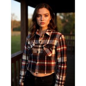 Cropped Plaid Flannel Shirt Jacket Women's Brown Red White Blue Button Up‎